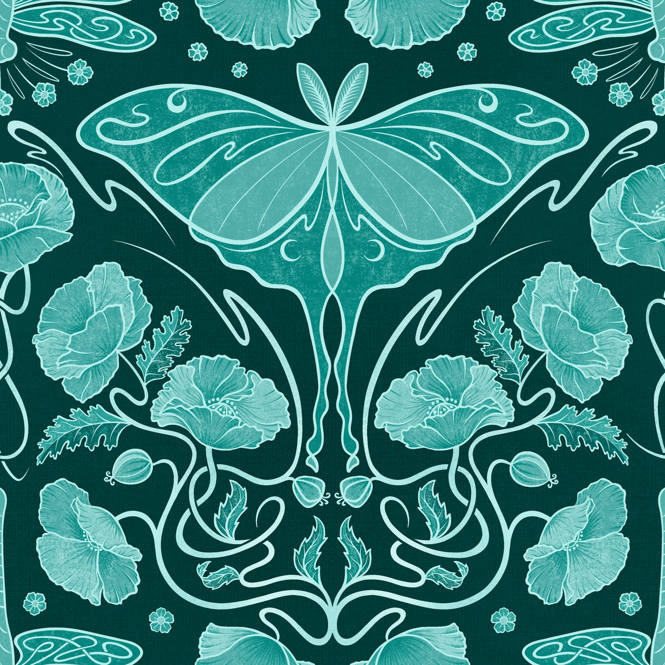 Art Nouveau Poppies & Luna Moth Teal Wallpaper⁠