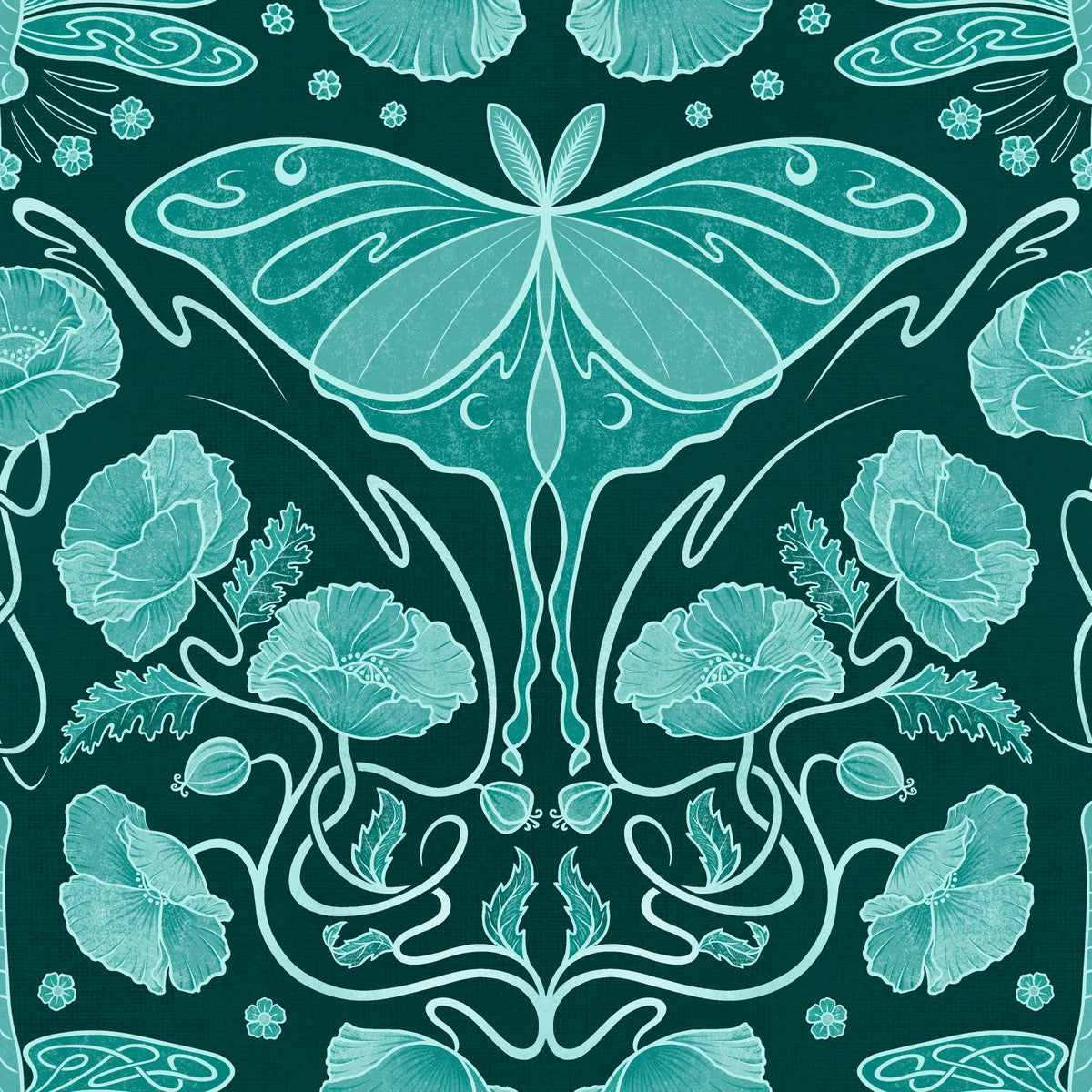 Art Nouveau Poppies & Luna Moth Teal Wallpaper⁠