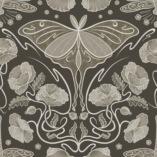 Art Nouveau Poppies & Luna Moth Sepia Wallpaper Wallpaper⁠