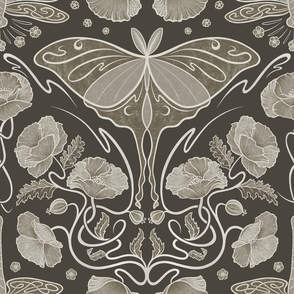 Art Nouveau Poppies & Luna Moth Sepia Wallpaper Wallpaper⁠
