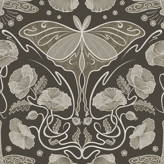 Art Nouveau Poppies & Luna Moth Sepia Wallpaper Wallpaper⁠