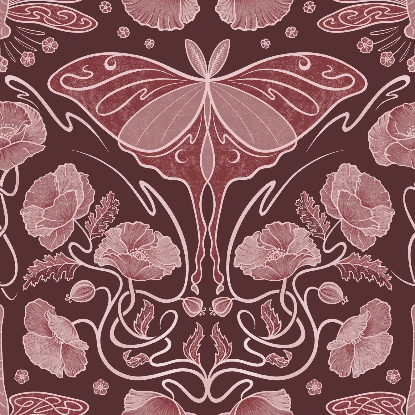 Art Nouveau Poppies & Luna Moth Crimson Wallpaper Wallpaper⁠