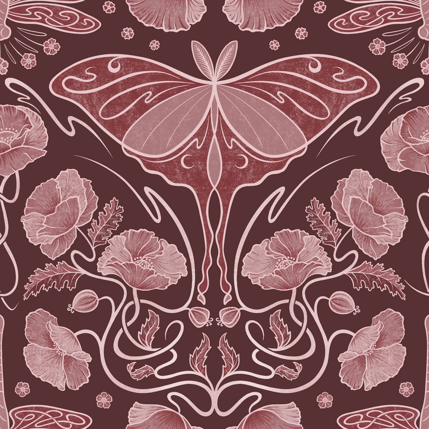 Art Nouveau Poppies & Luna Moth Crimson Wallpaper Wallpaper⁠