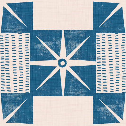 Retro Starburst Quilt Block - Minimalist Mid Century Indigo Wallpaper⁠