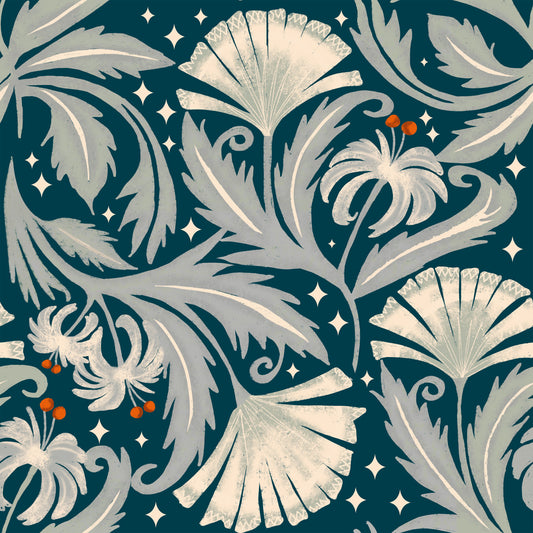 Vintage Botanica Midnight Teal - Heritage Revival Floral  Wallpaper⁠