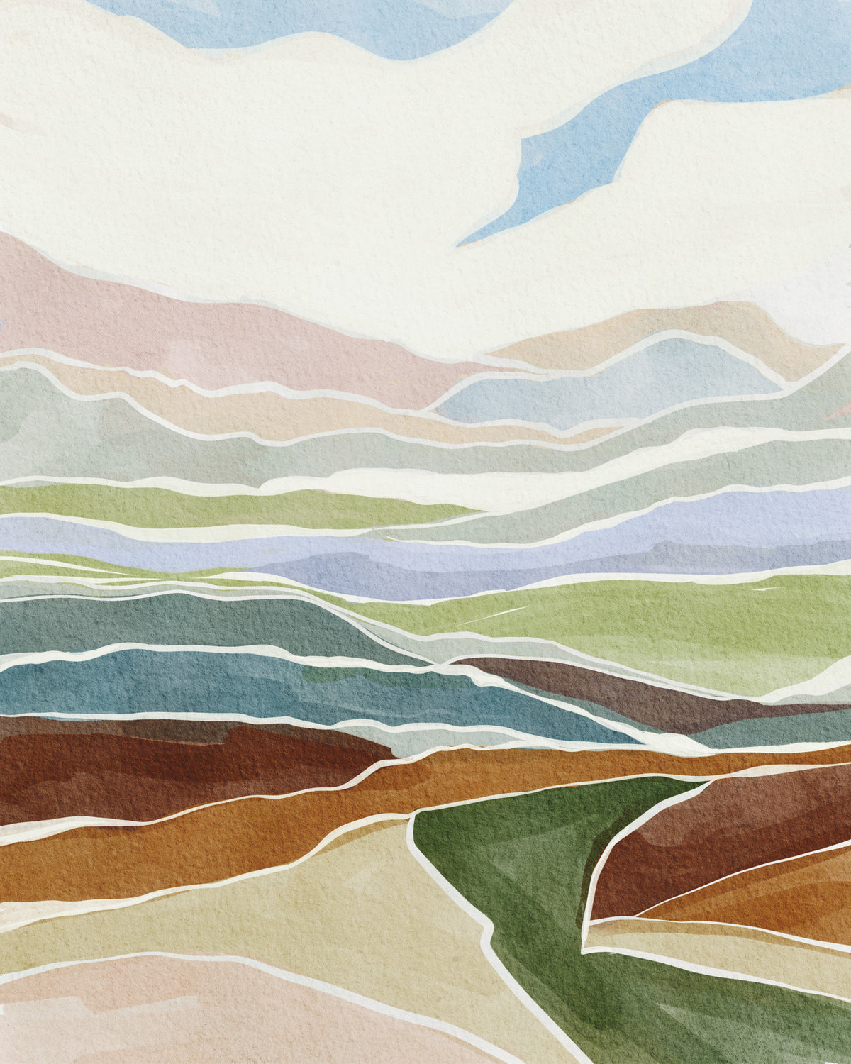 Tranquil Watercolor Hills Wall Mural in your room — zoomed