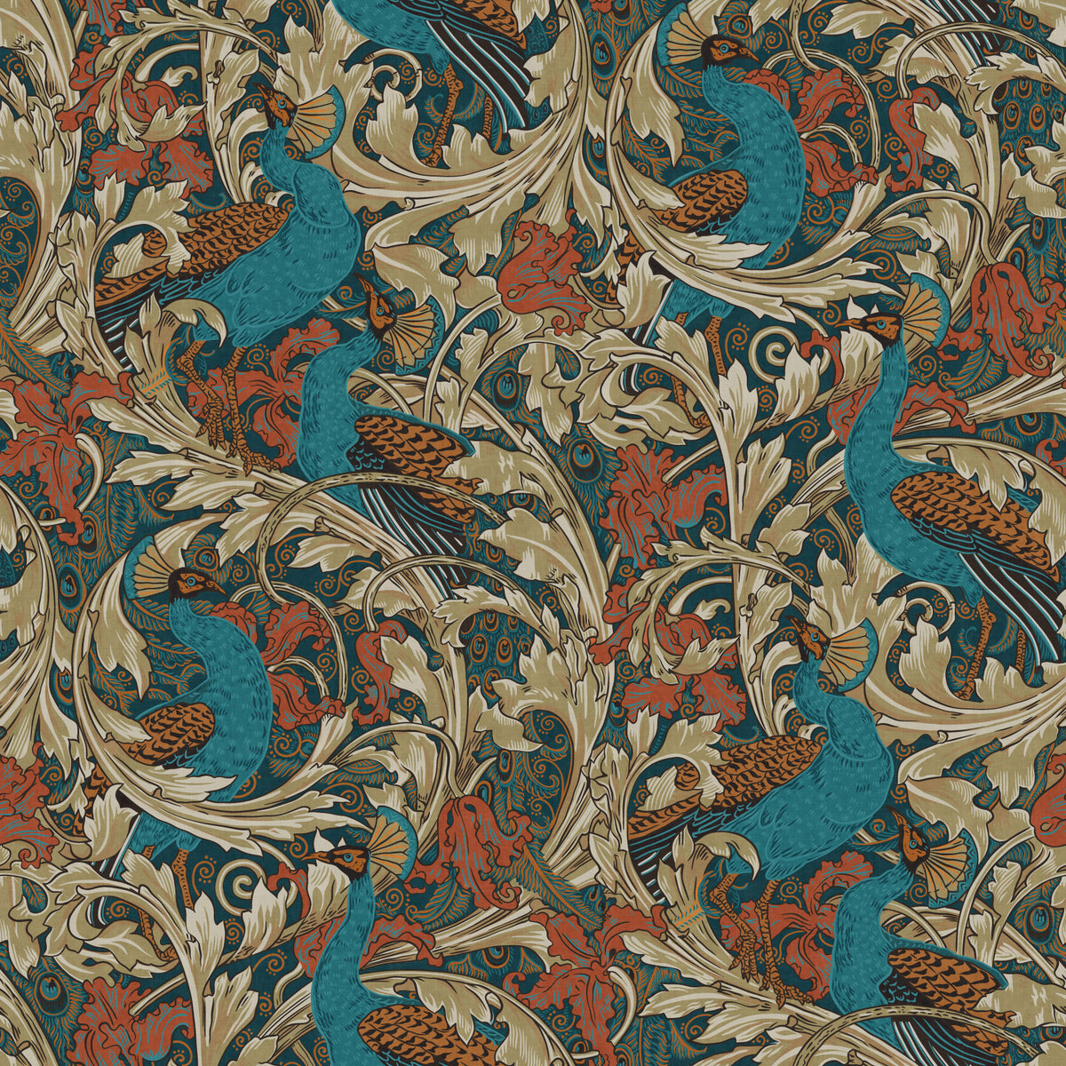 Peacock Garden by Walter Crane in teal rust mustard beige Wallpaper⁠