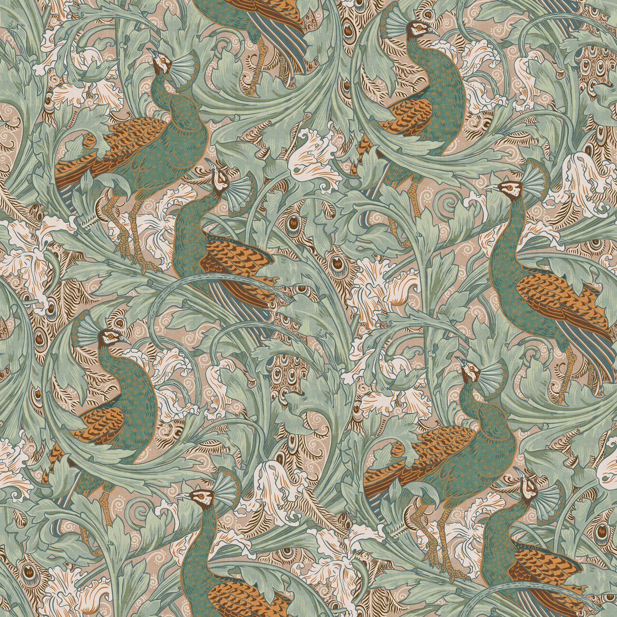 Peacock Garden by Walter Crane in green beige mustard  Wallpaper⁠