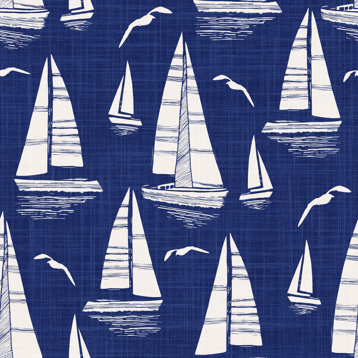 Seaside Regatta With Seagulls Navy Blue Wallpaper⁠