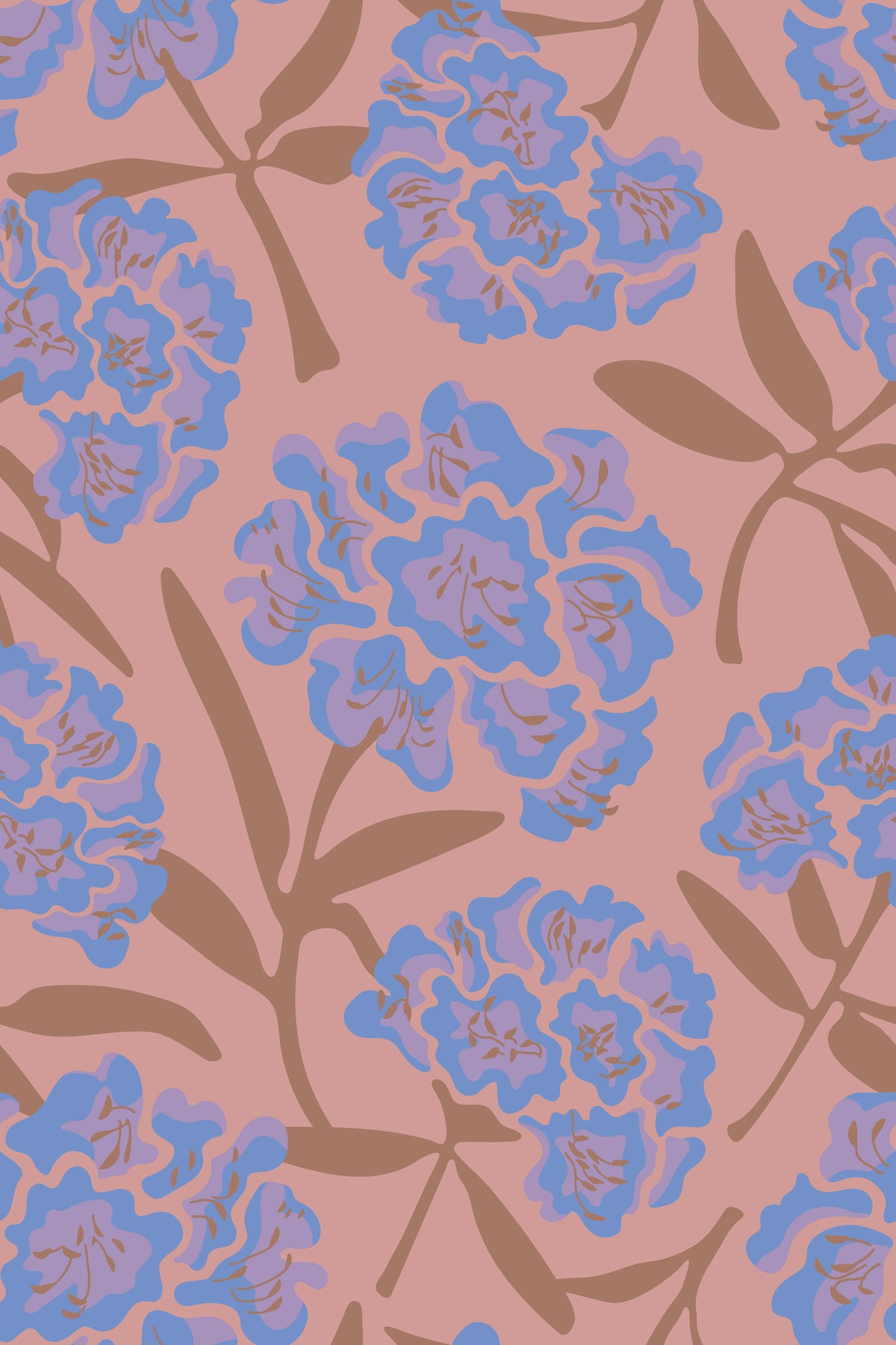 Rhododendrons Retro Floral Blue Violet Mocha Mousse Rose Pink Wallpaper⁠