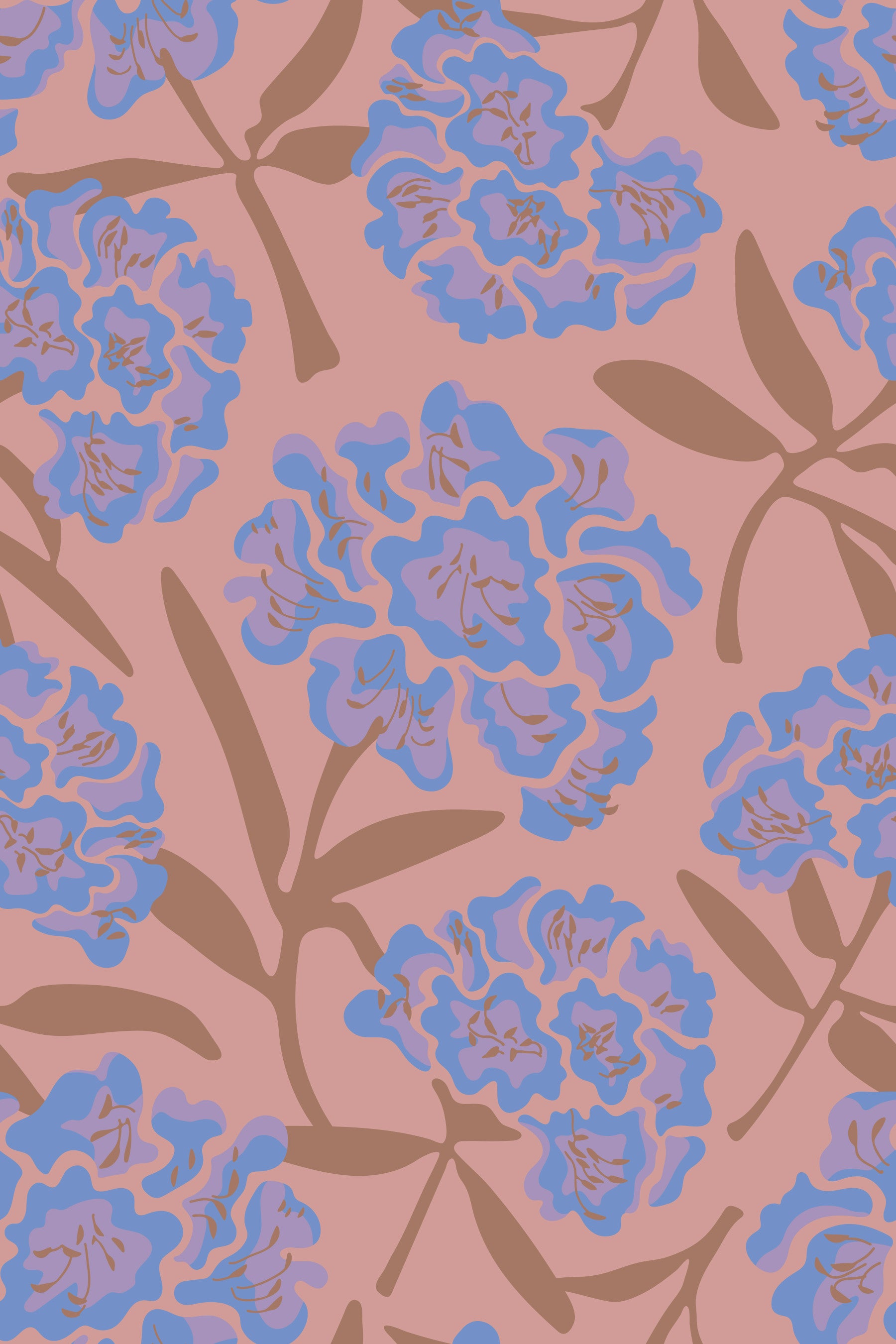Rhododendrons Retro Floral Blue Violet Mocha Mousse Rose Pink Wallpaper⁠ in your room — zoomed