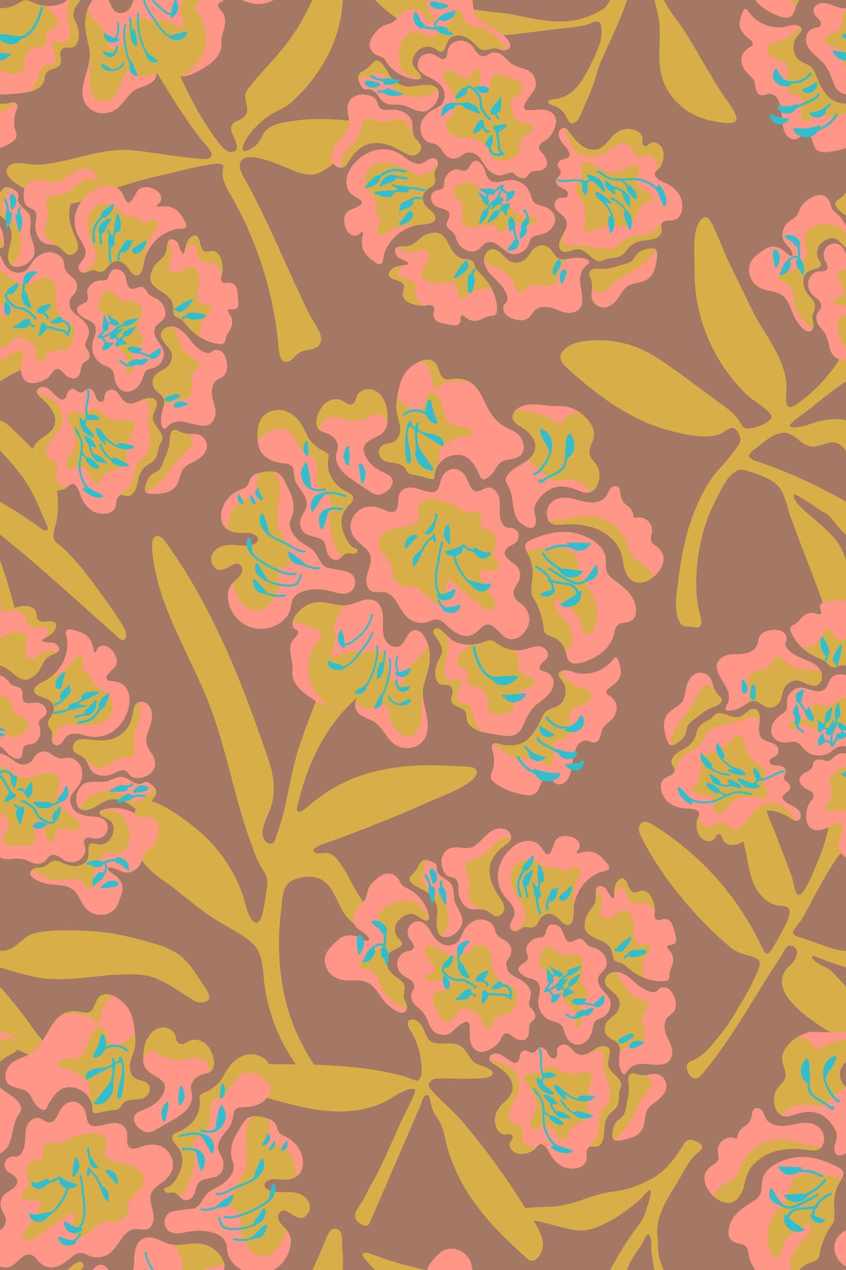 Rhododendrons Retro Floral Blush Pink Mustard Yellow Mocha Mousse Wallpaper⁠