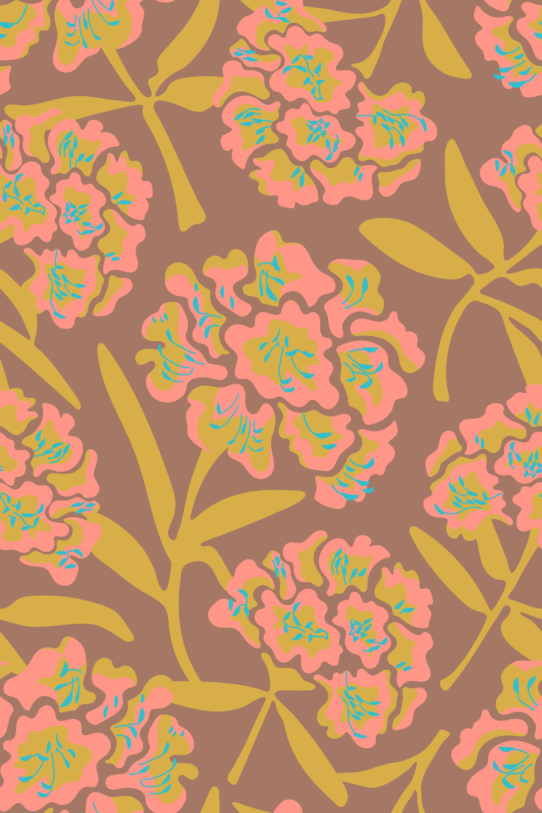 Rhododendrons Retro Floral Blush Pink Mustard Yellow Mocha Mousse Wallpaper⁠