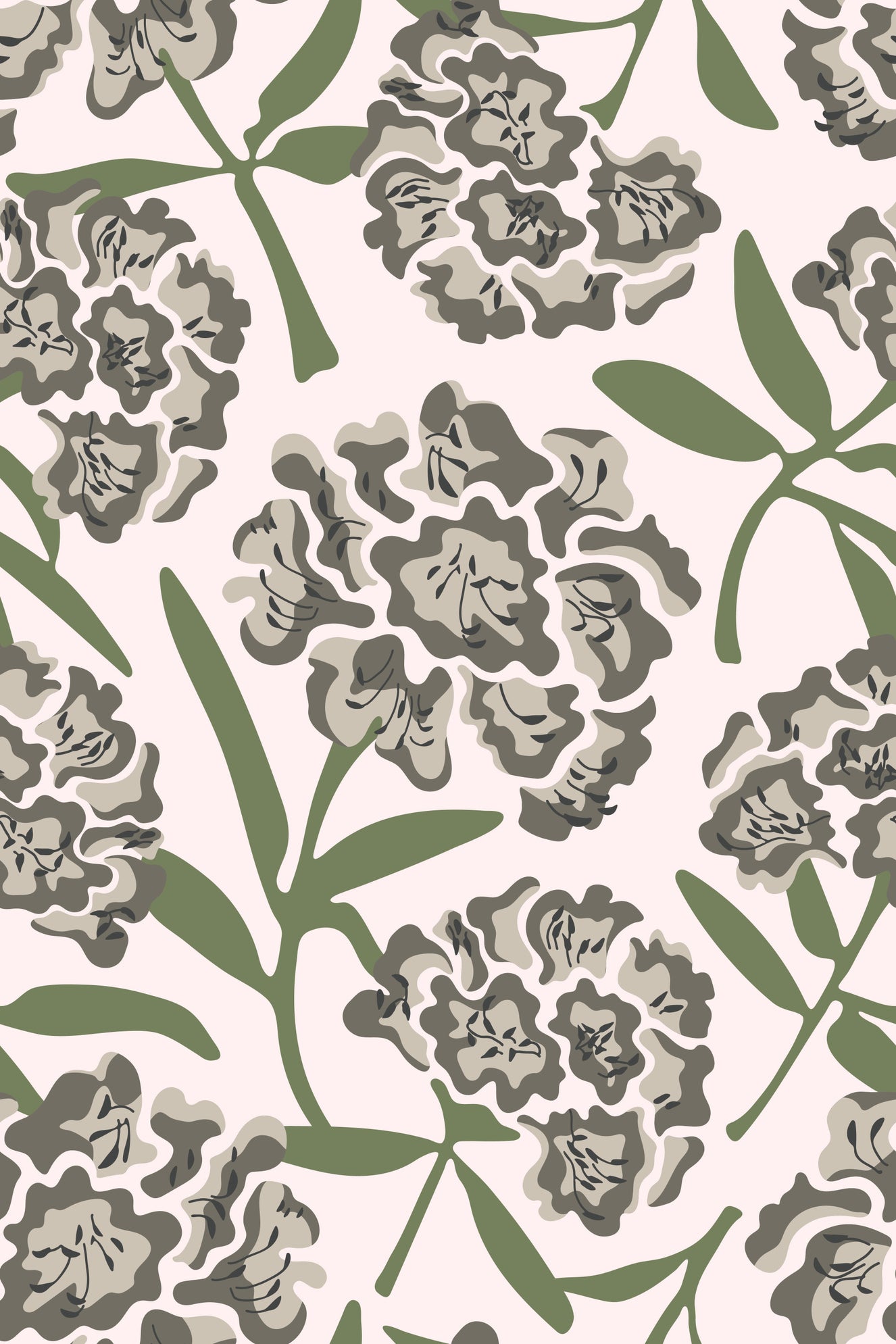 Rhododendrons Retro Floral Warm Gray Green Subtle Pink Wallpaper⁠