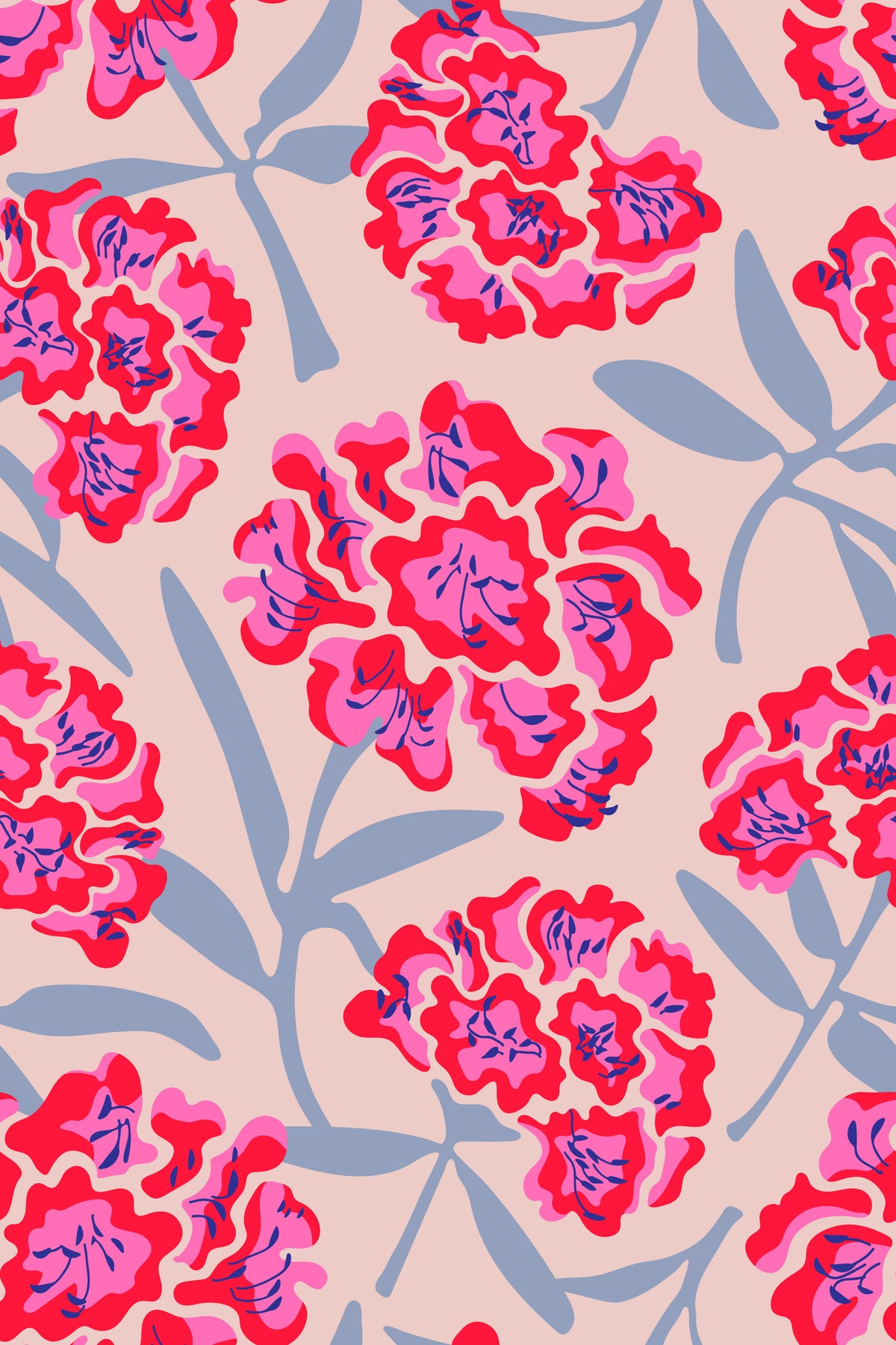 Rhododendrons Retro Floral Fuchsia Pink Red Lavender Wallpaper⁠ in your room — zoomed