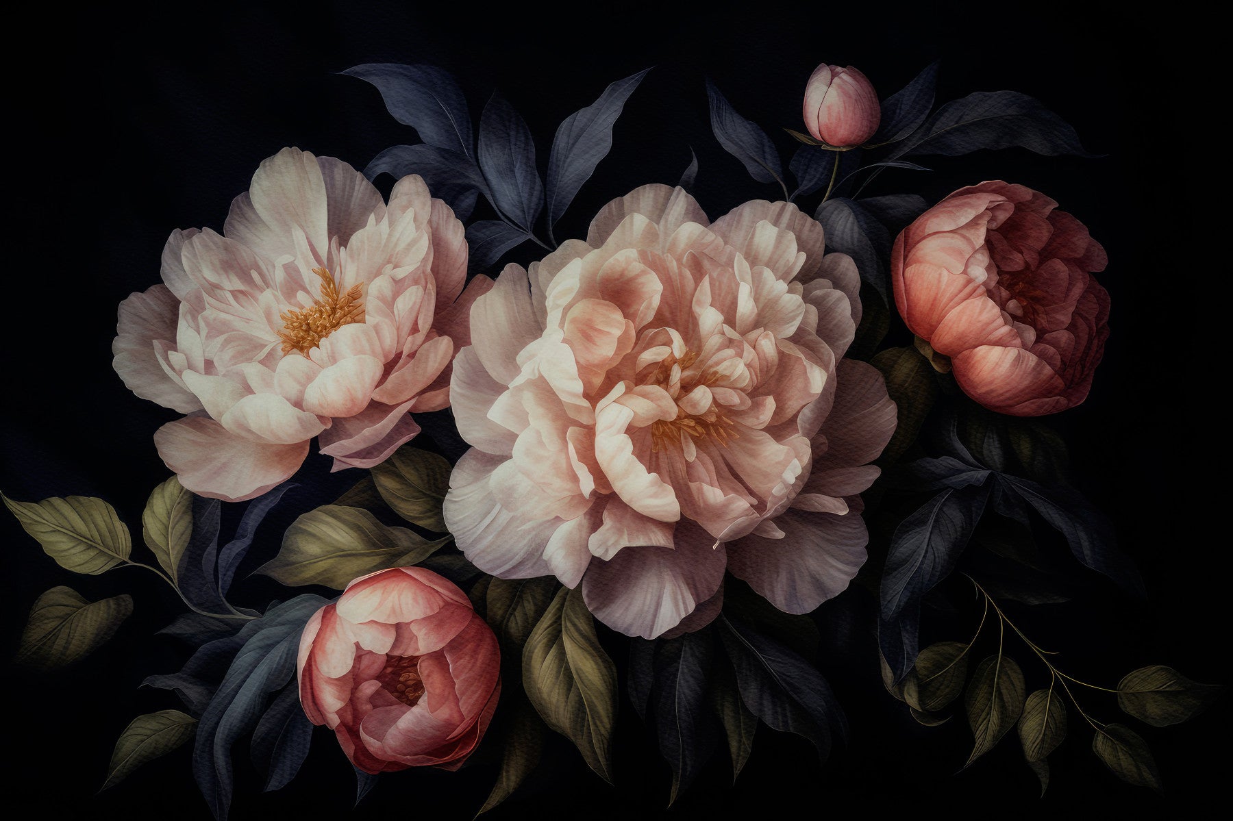 Vintage Midnight Flower Peonies Garden  Wall Mural