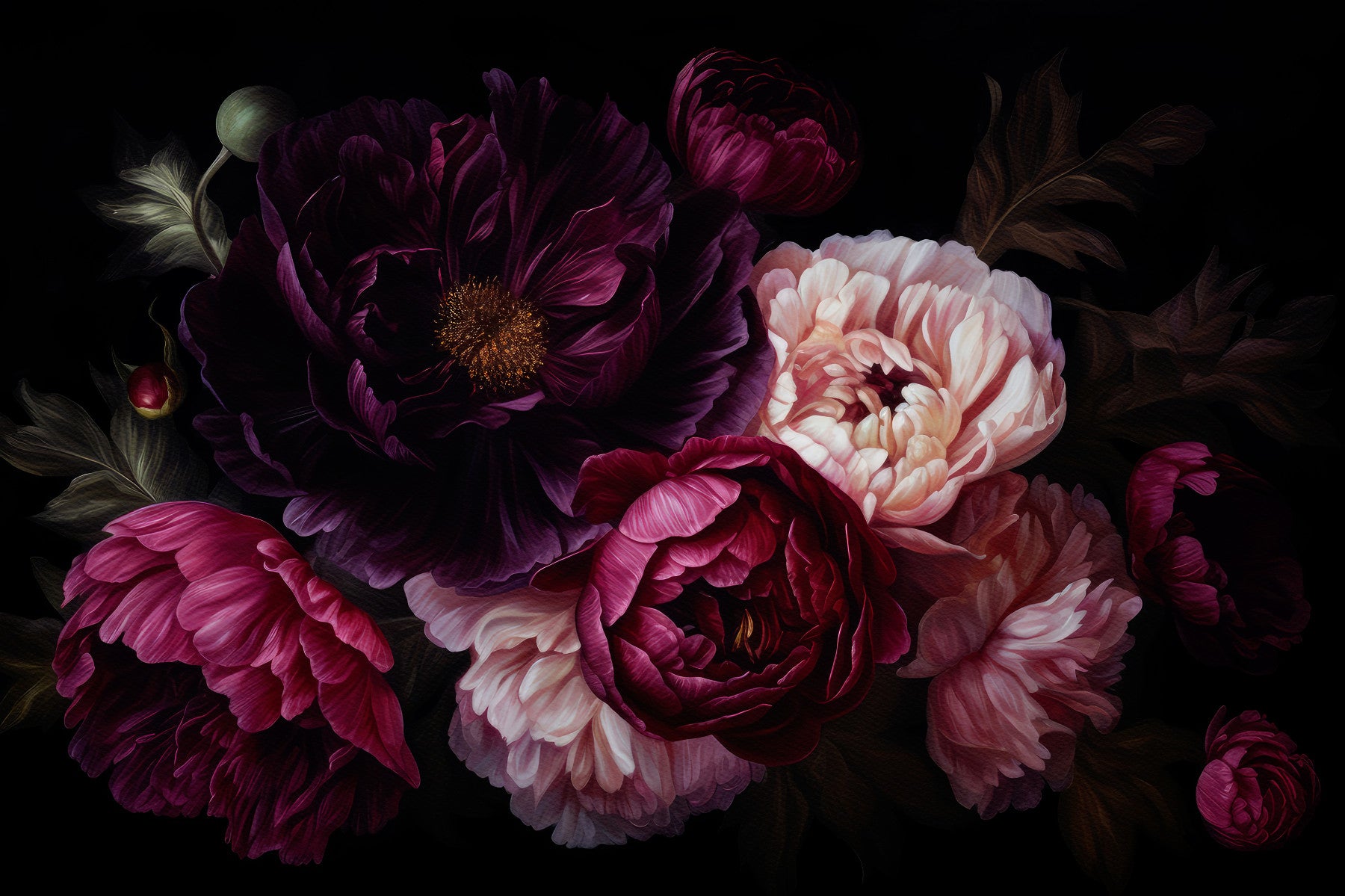 Grandmillennial Dramatic Glamour Heritage Gothic Dark Peonies Florals Wall Mural