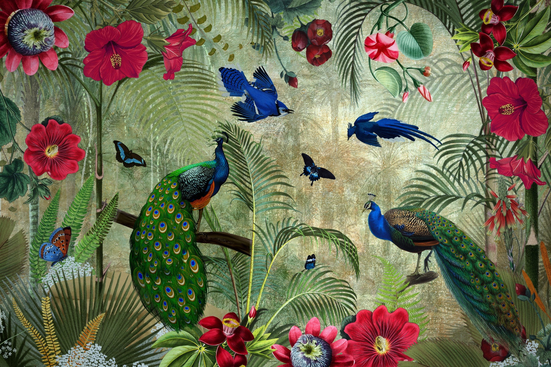 Tropical Vintage Peacock Paradise Wall Mural