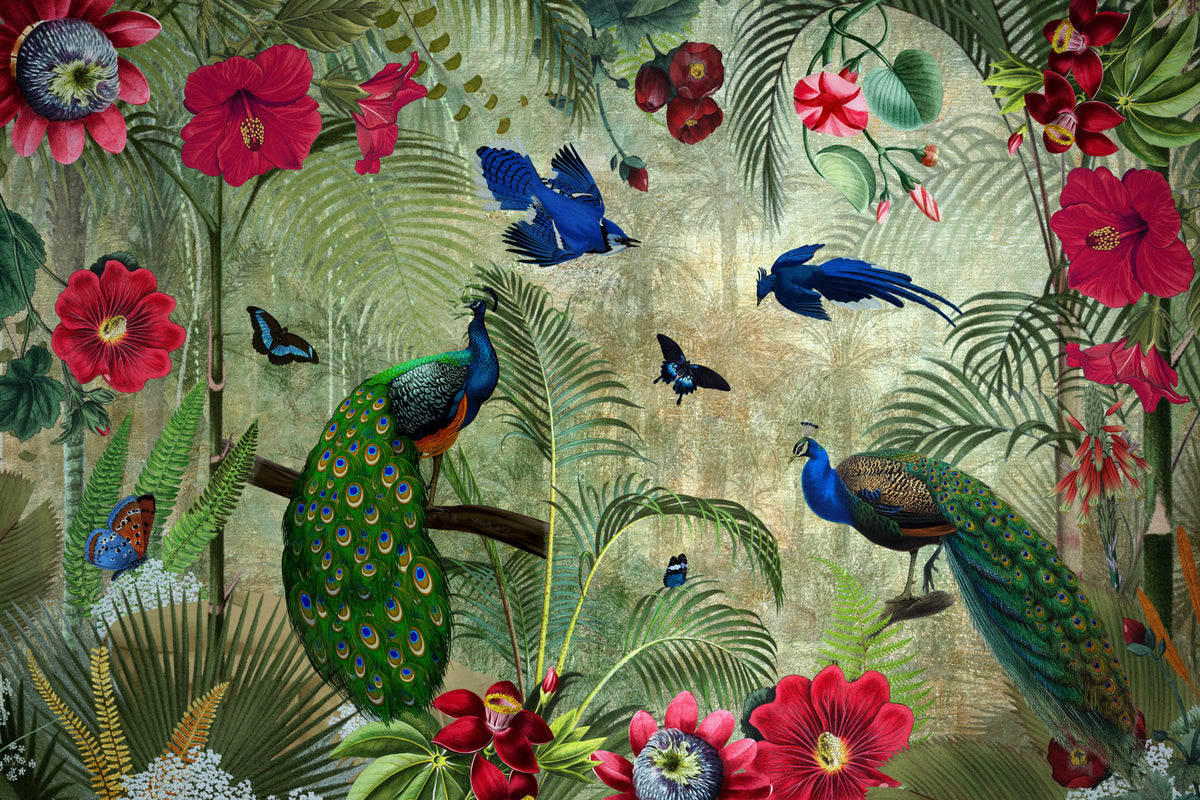 Tropical Vintage Peacock Paradise Wall Mural in your room — zoomed