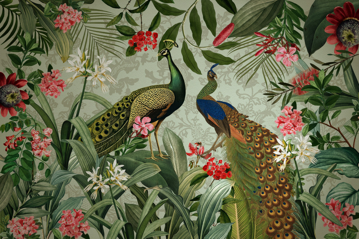 Botanical Peacock Mural Wall Mural in your room — zoomed