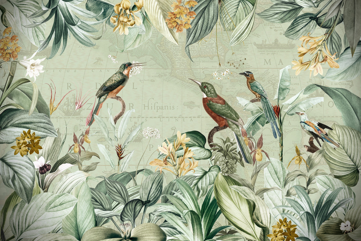 Vintage Voyage: Tropical Expedition Wall Mural in your room — zoomed