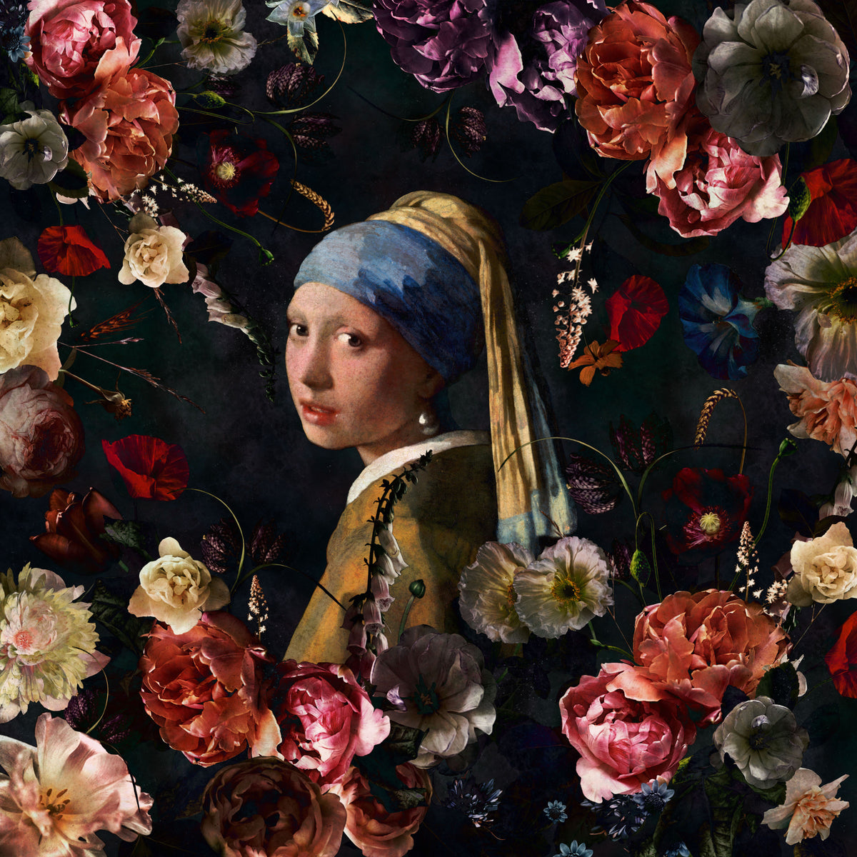 Girl with a Pearl Earring: A Floral Renaissance Wall Mural in your room — zoomed