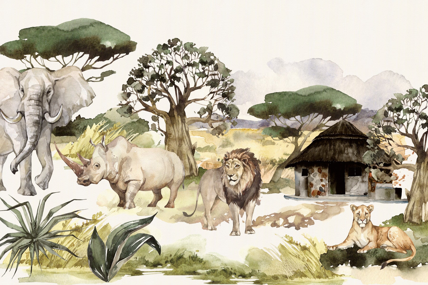 African Wildlife Watercolor Wall Mural