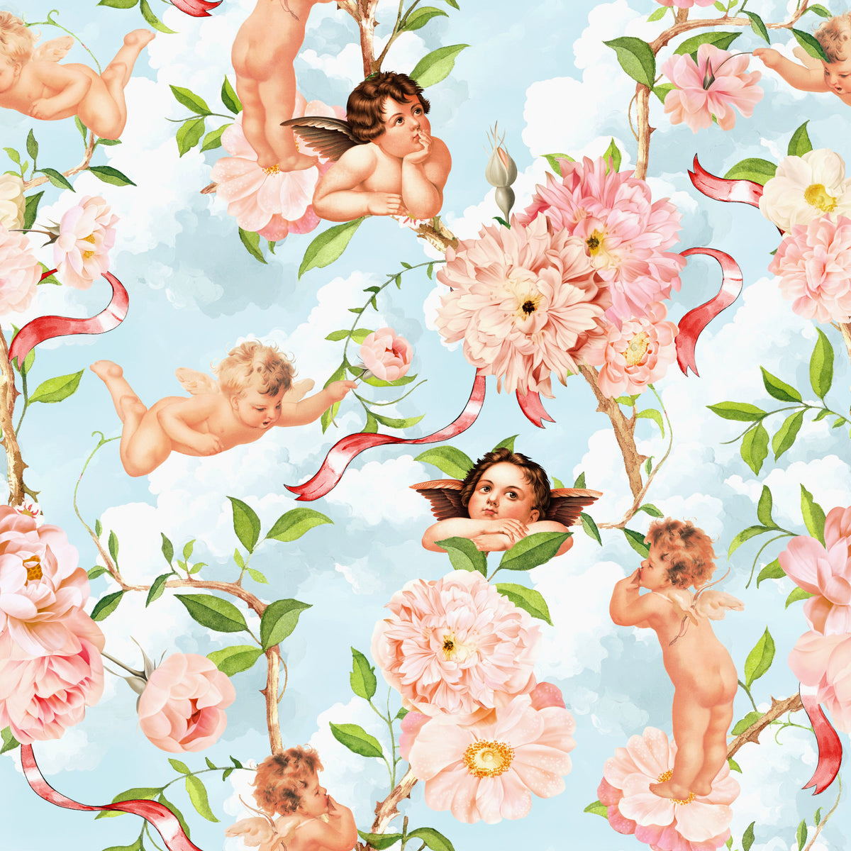 Celestial Cherubs & Blossoms Wallpaper⁠ in your room — zoomed