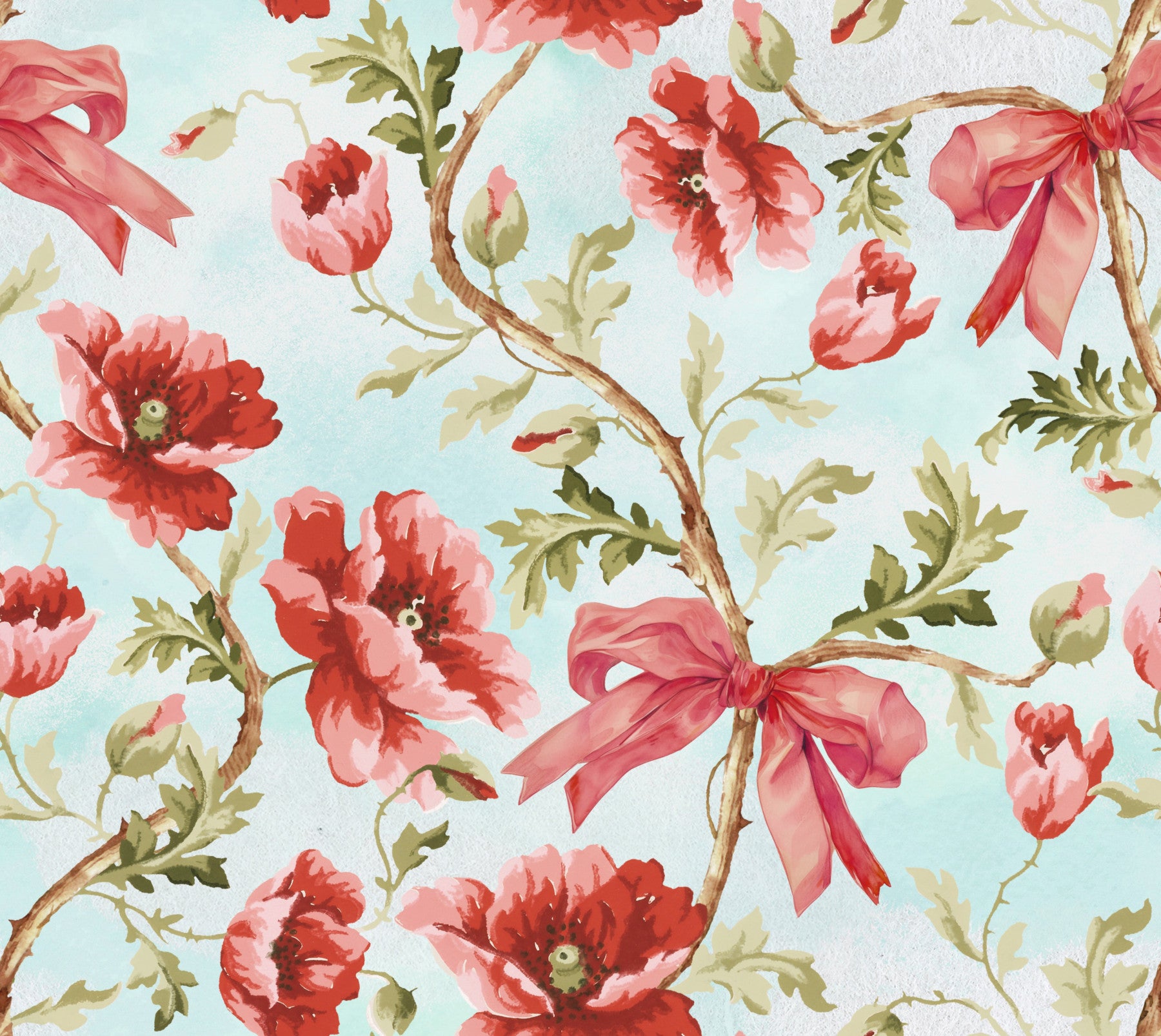 Crimson Preppy Ribbons & Poppies Wallpaper⁠