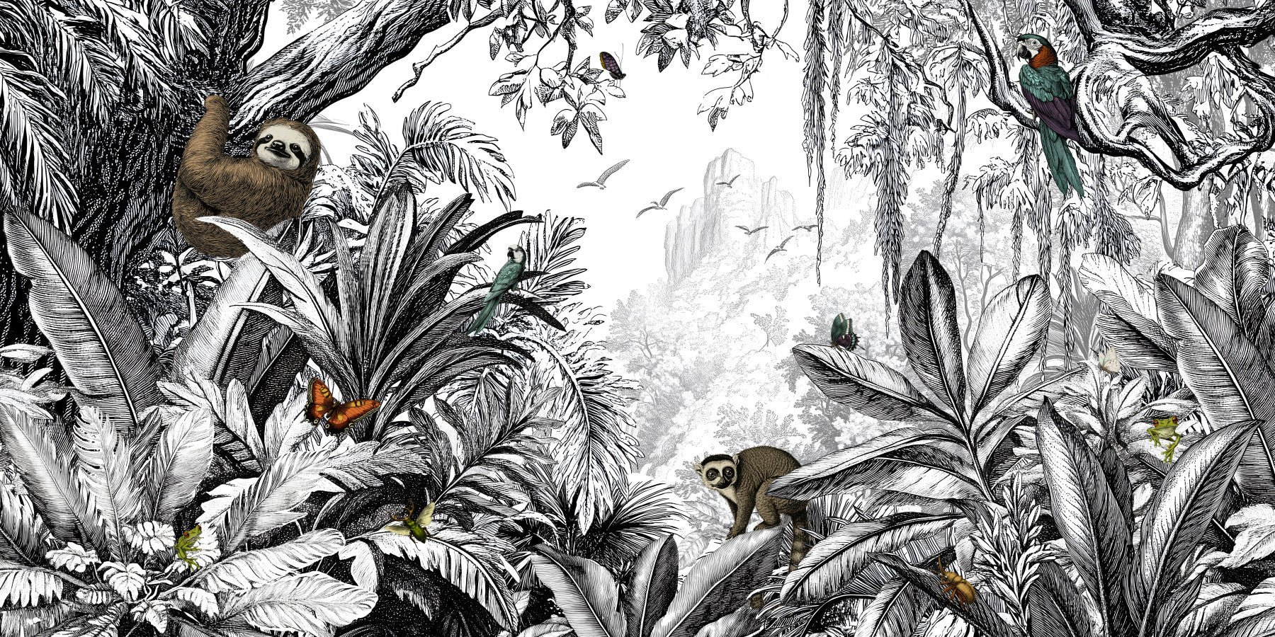 Jungle Vista - Black & White Wall Mural