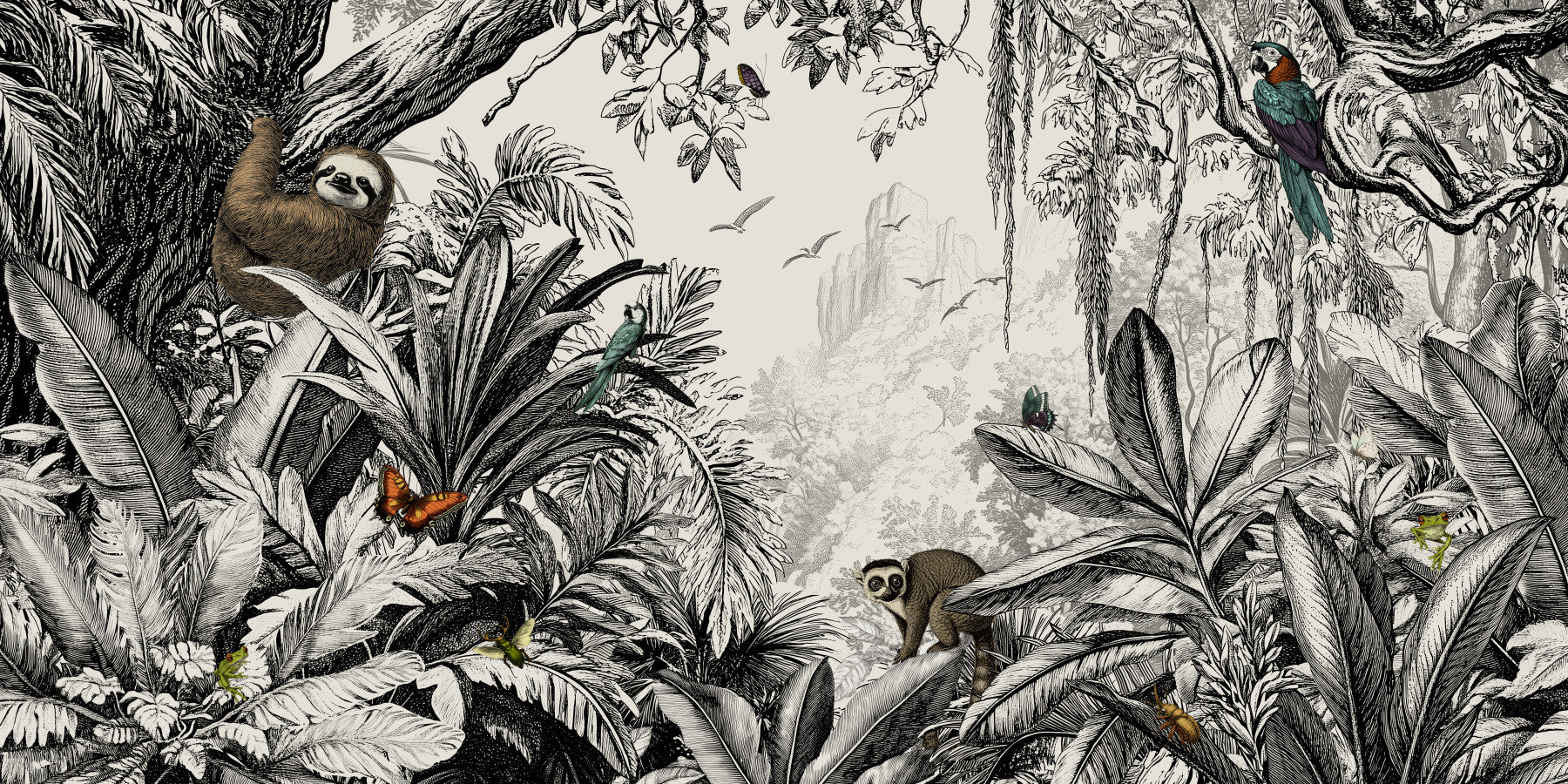 Jungle Vista - Black & Off-White Wall Mural