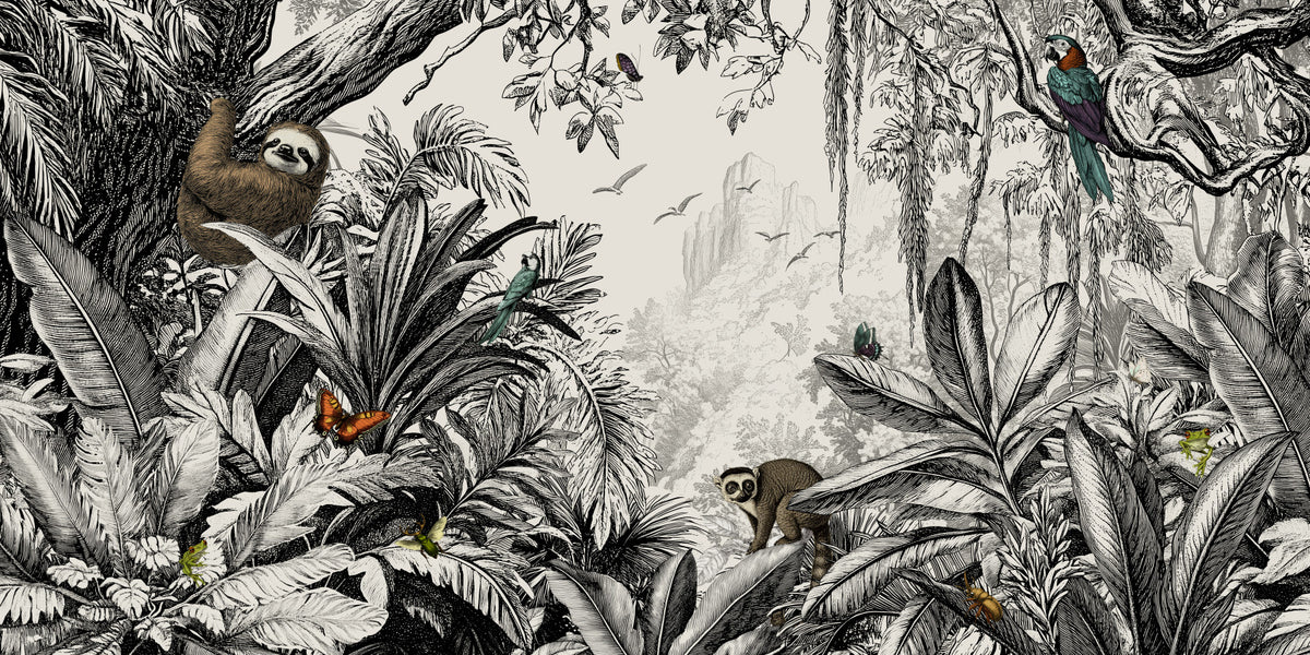 Jungle Vista - Black & Off-White Wall Mural in your room — zoomed