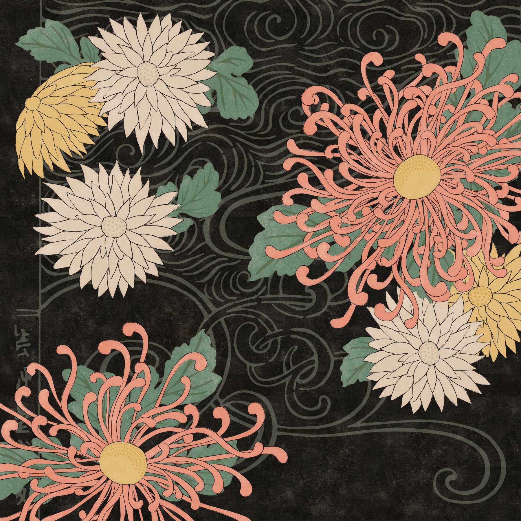 Midnight Chrysanthemums Japanese Print Wall Mural