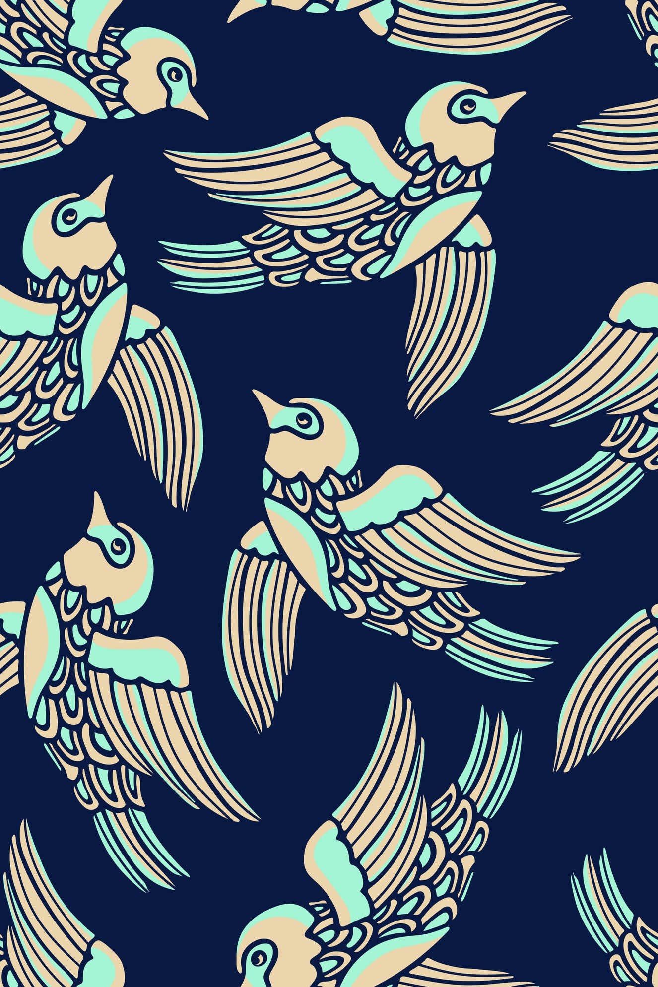 Birds Flying Higher in Mint Beige Midnight Blue Wallpaper⁠