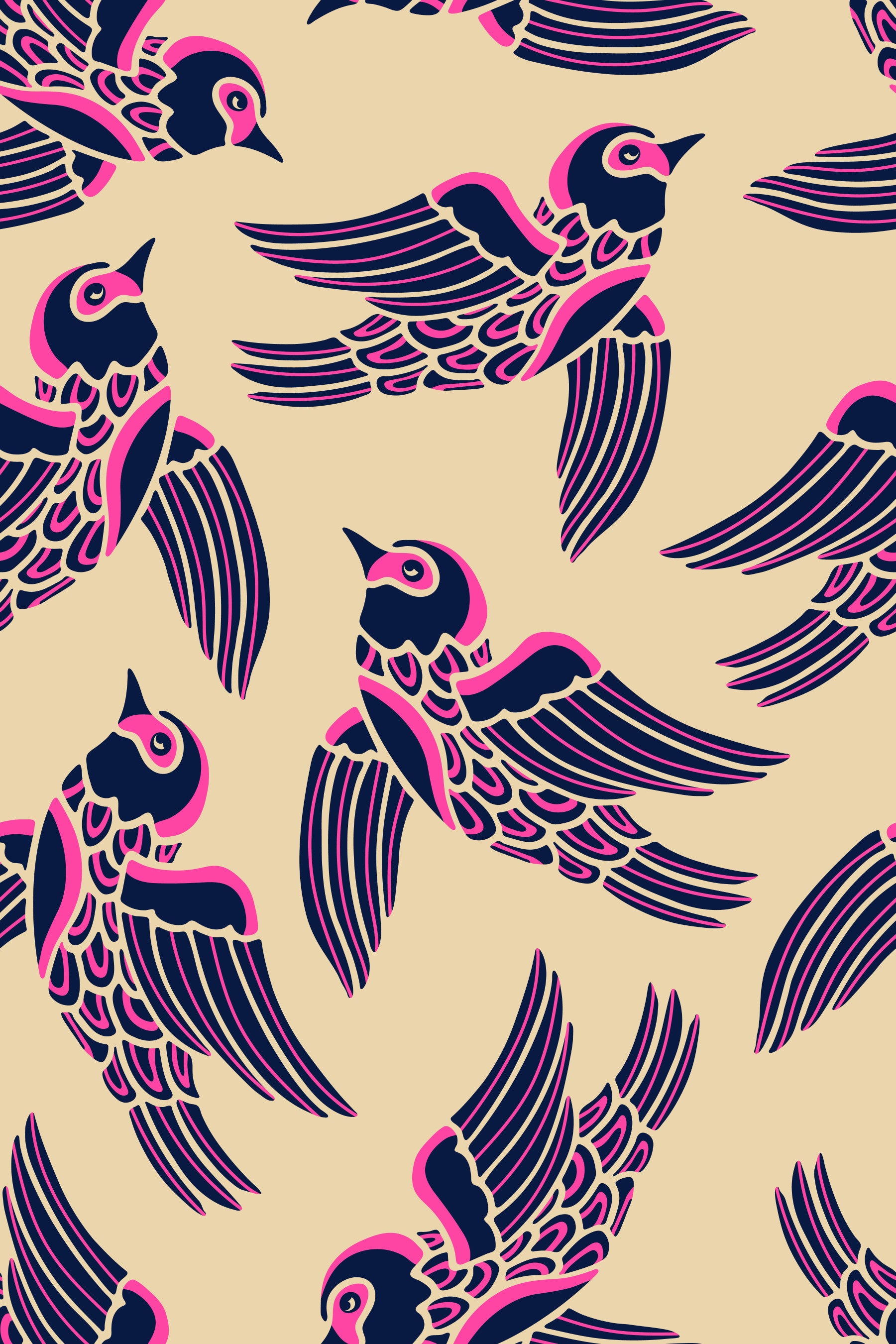 Birds Flying Higher in Fuchsia Pink Midnight Blue Beige Wallpaper⁠