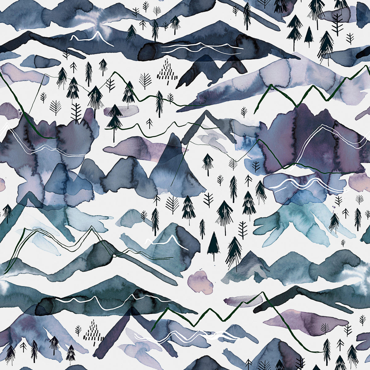 Watercolor Mountains Landscape Blue Mauve Wallpaper⁠