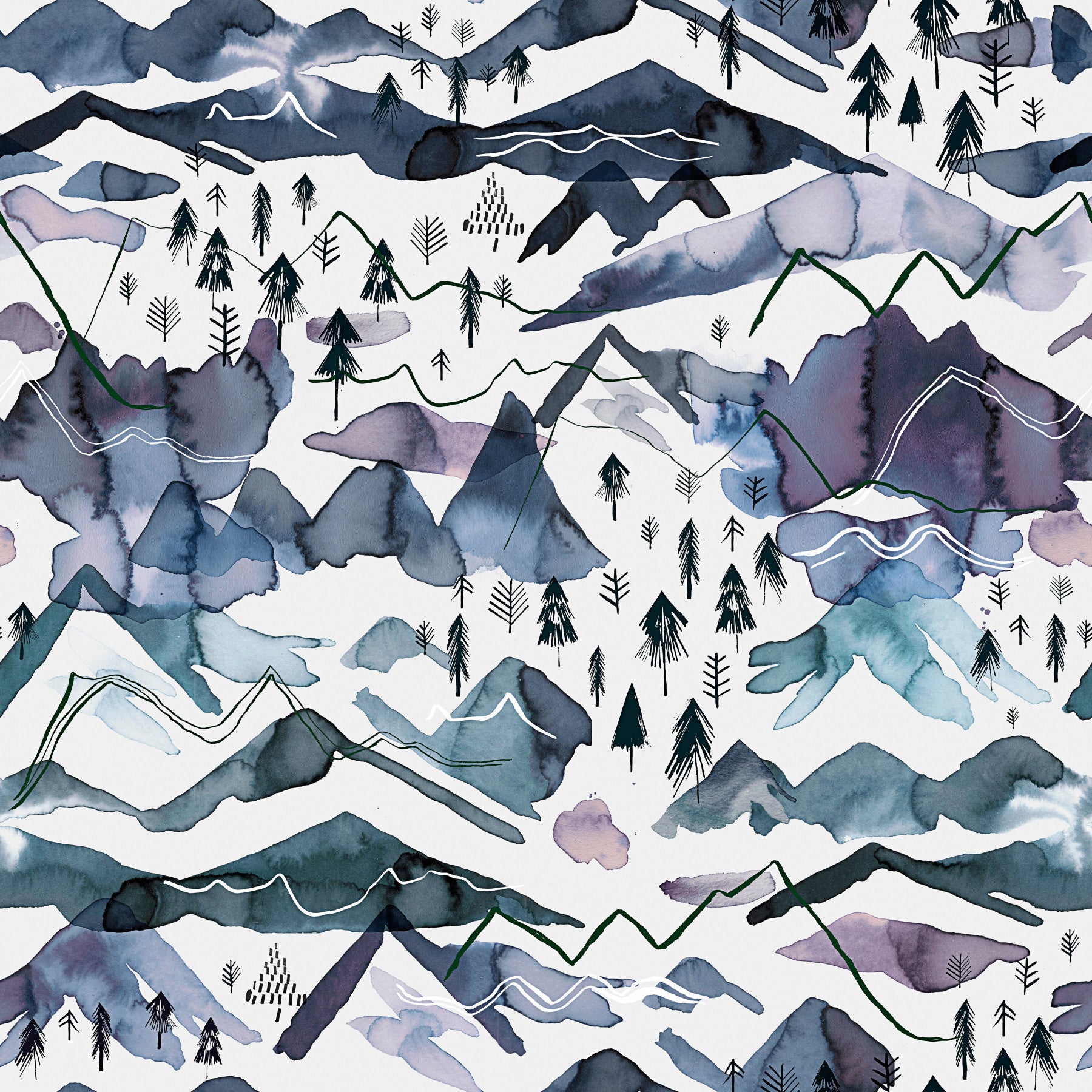 Watercolor Mountains Landscape Blue Mauve Wallpaper⁠