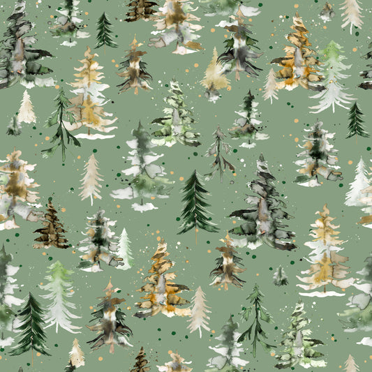 Watercolor Pines Spruces Forest Nature Sage Green Wallpaper⁠