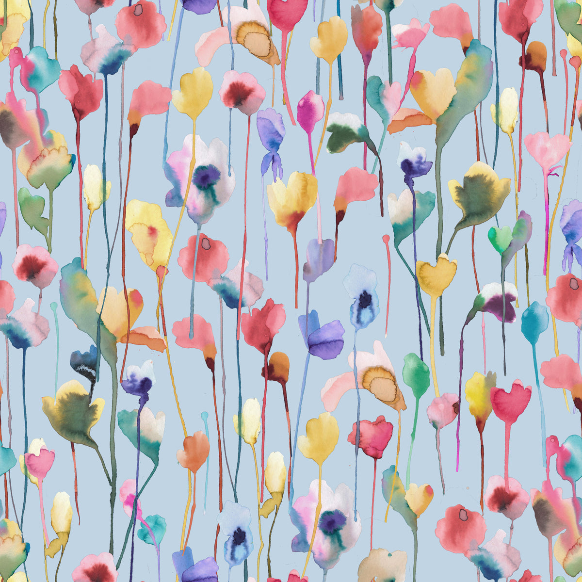 Watery Watercolor Artistic Flowers Light Blue Wallpaper⁠