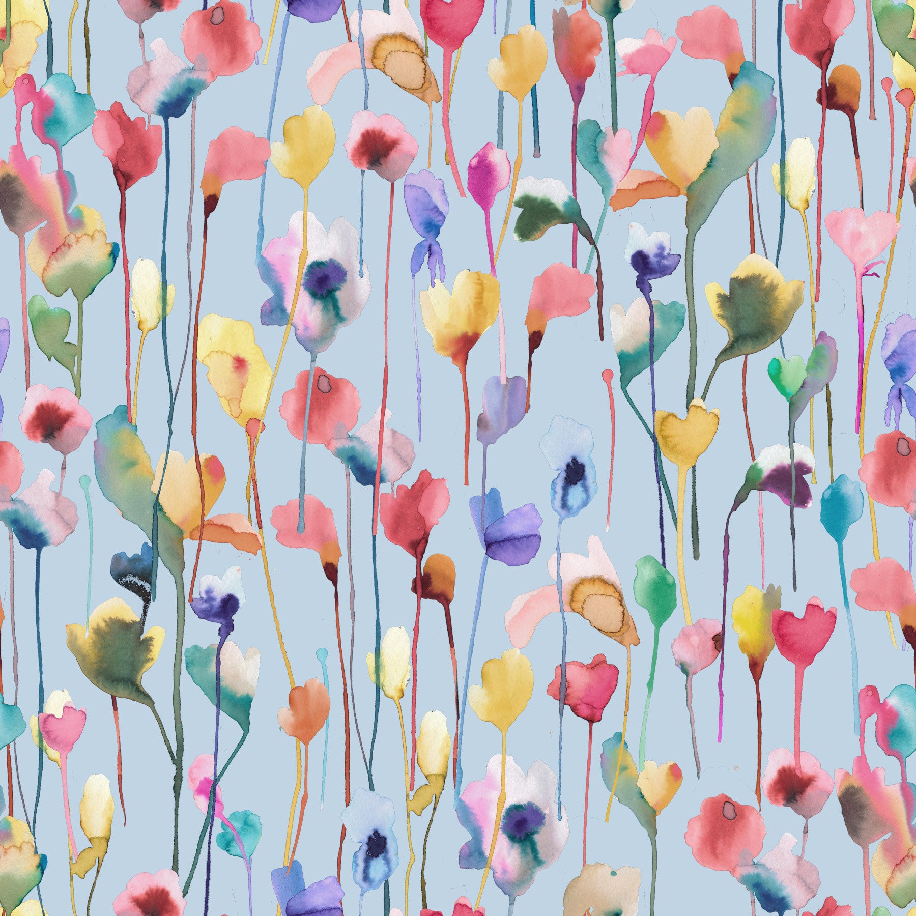 Watery Watercolor Artistic Flowers Light Blue Wallpaper⁠