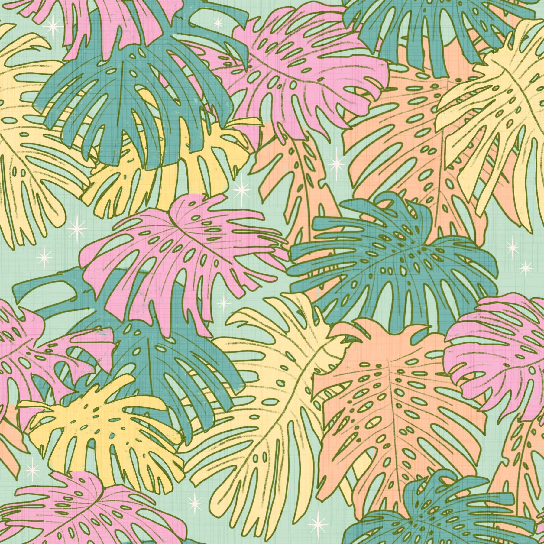 Pastel Tropical Monstera - Palm Springs Retro Aqua Wallpaper⁠