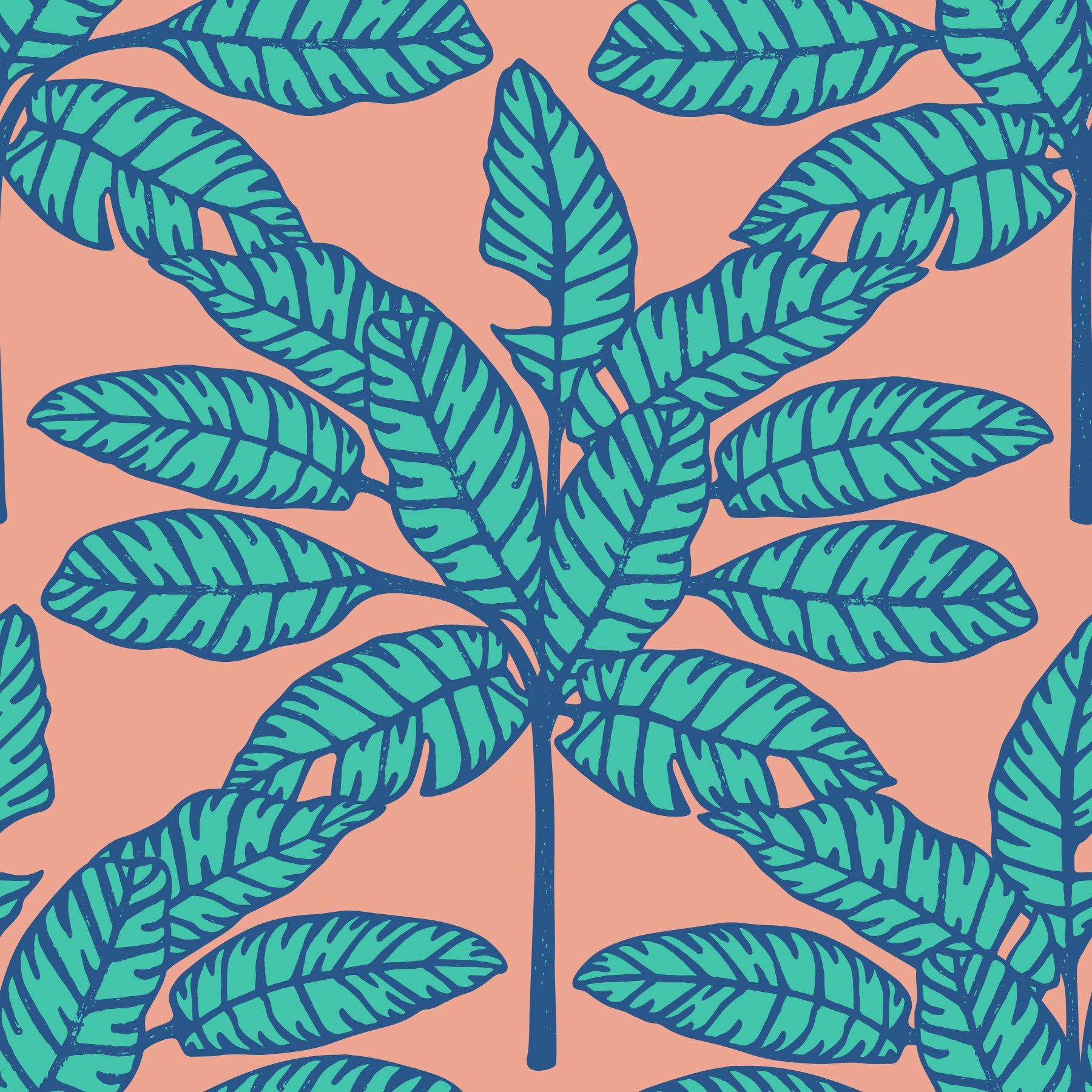 Desert Leaves Oasis Retro Mid Century Tropical Aqua Blue Clay Pink Wallpaper⁠