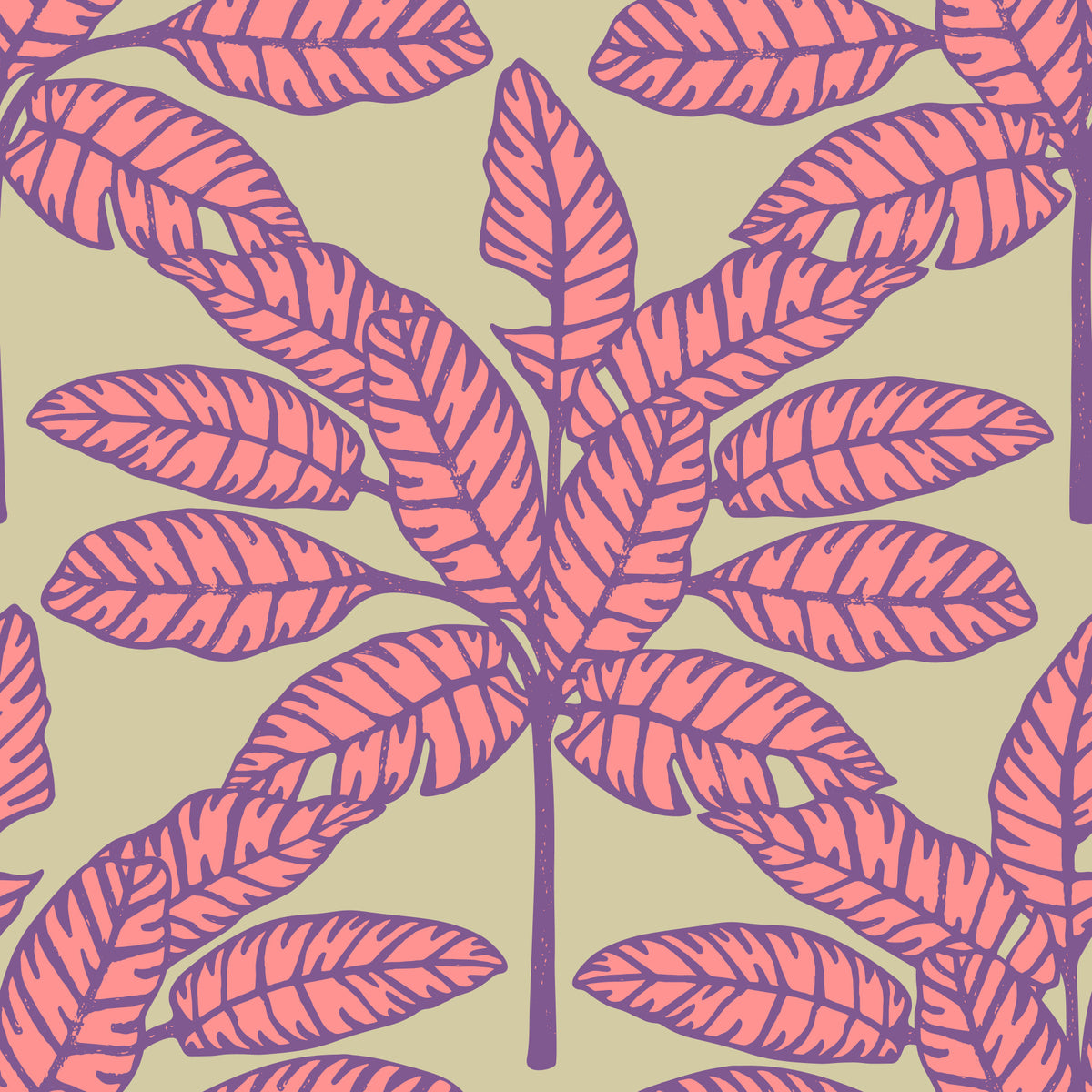 Desert Leaves Oasis Retro Mid Century Tropical Pink Purple Cream Wallpaper⁠ in your room — zoomed