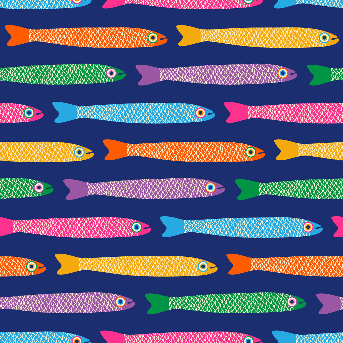 Anchovies Bright Rainbow Fish on Royal Blue Wallpaper⁠ in your room — zoomed