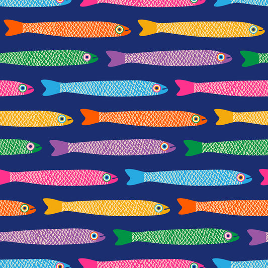 Anchovies Bright Rainbow Fish on Royal Blue Wallpaper⁠