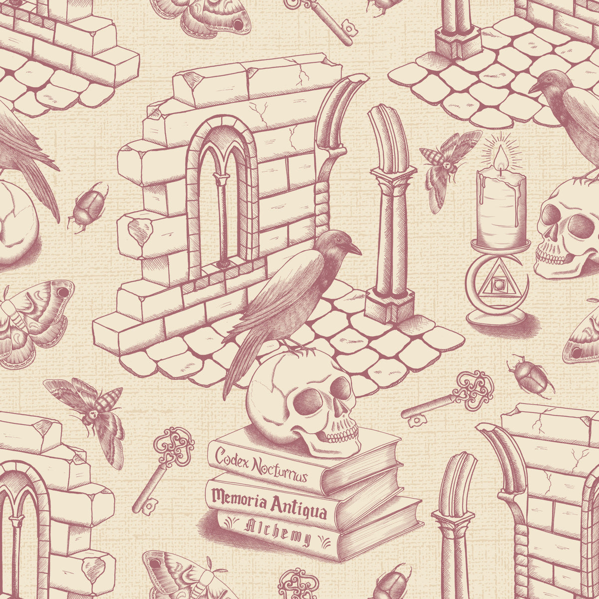 Dark Academia Toile de Jouy -  Vintage Rose Wallpaper⁠