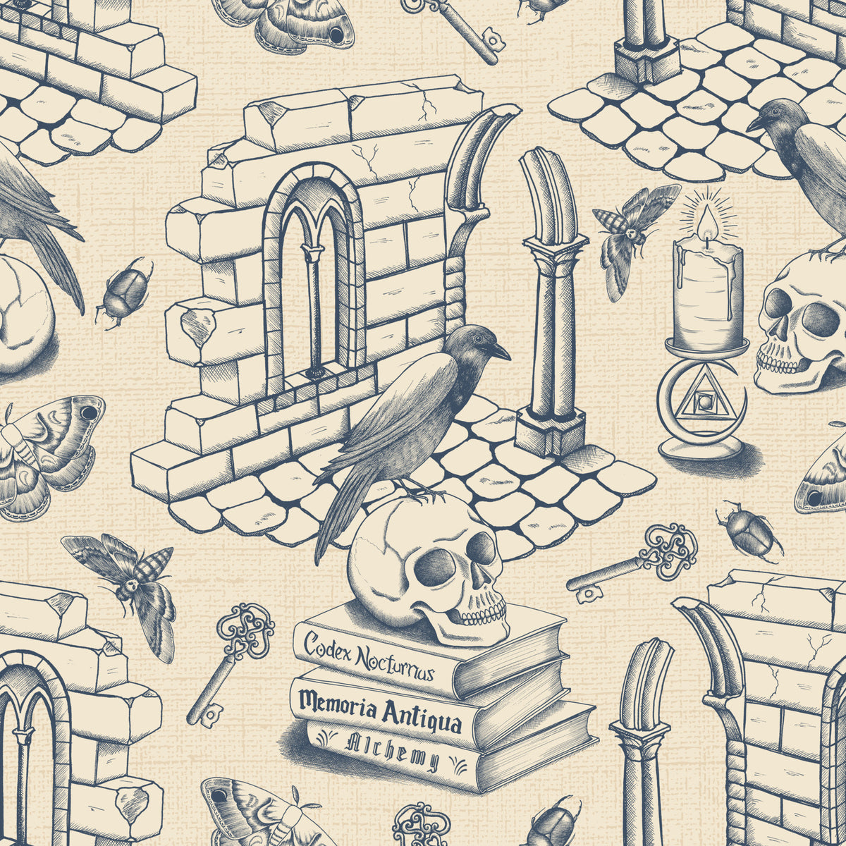 Dark Academia Toile de Jouy - Twilight blue Wallpaper⁠ in your room — zoomed