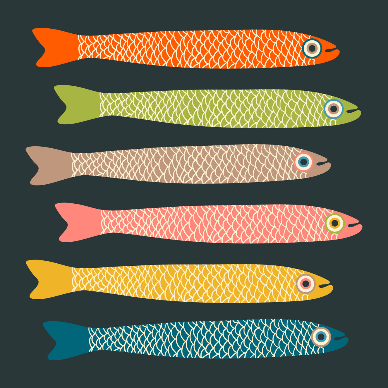Anchovies Retro Vintage Multicolored Fish on Charcoal Wall Mural