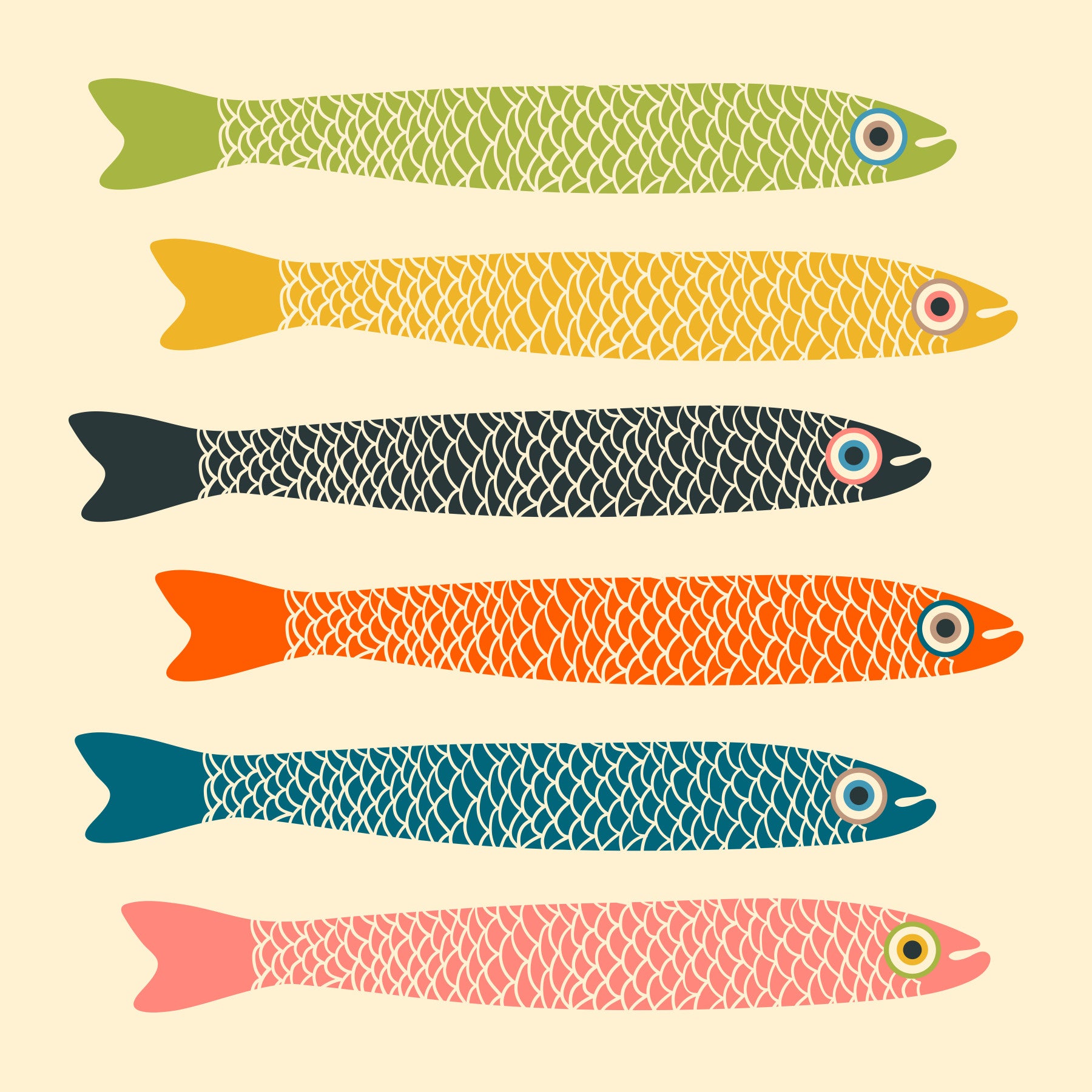 Anchovies Retro Vintage Multicolored Fish on Cream Wall Mural
