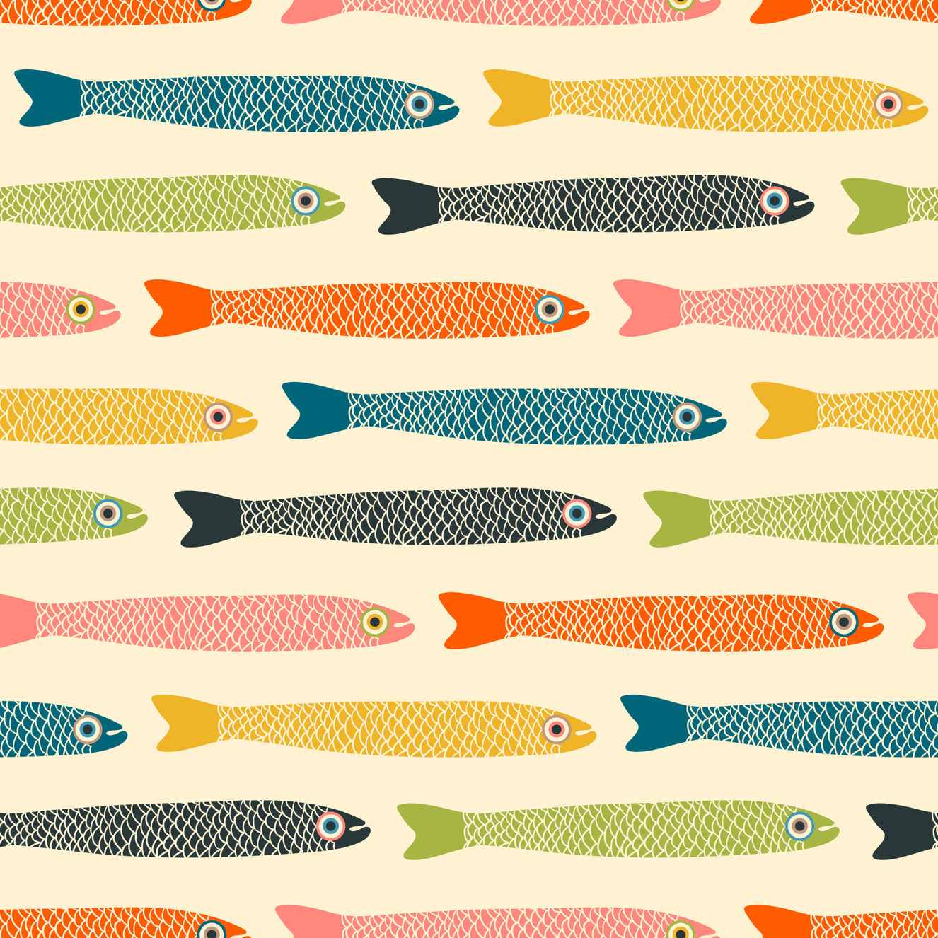 Anchovies Retro Vintage Multicolored Fish on Cream Wallpaper⁠